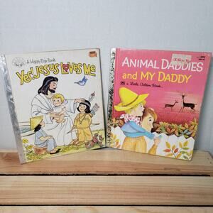 VINTAGE 2 Little Golden Books: Yes! Jesus Loves Me & Animal Daddies (hardback)